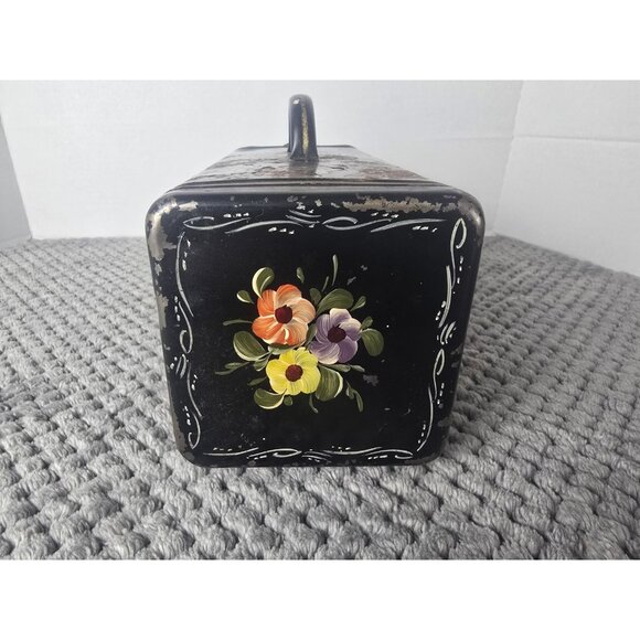 Vintage Toleware Black Metal Box Hand Painted Floral Sewing Vanity Tin Rustic - Picture 3 of 10